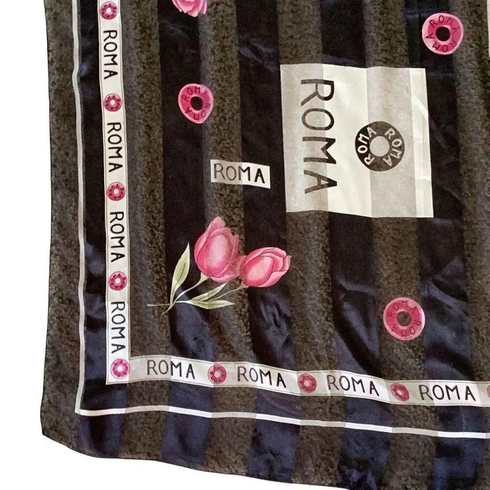 Vintage Roma Rome Souvenir Square Scarf 39” Black Pink Tulips
